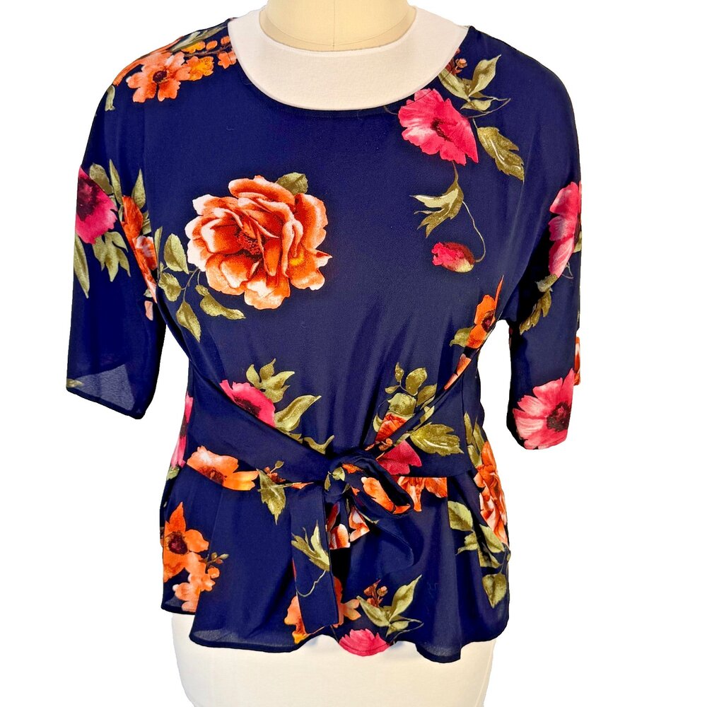 West Kei Blouse Womens XXL Dark Floral Scoop Neck Short Sleeve Tie Waist